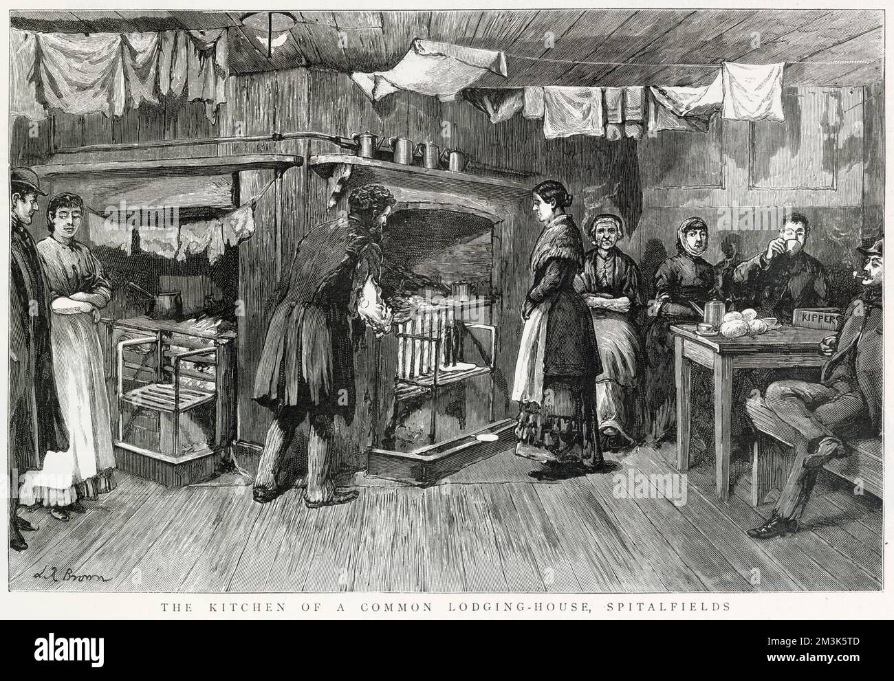 Die Küche eines Wohnhauses, Spitalfields, London. Männer und Frauen sitzen zusammen unter der Wäsche und hängen zum Trocknen raus. Diese Szene wurde aus dem Leben gezeichnet. Stockfoto