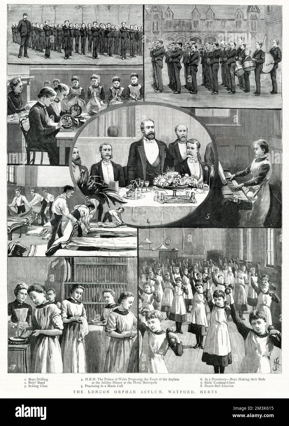 Das sind Szenen aus dem Londoner Waisenhaus in Watford. 1) Jungen üben 2) die Jungenband 3) Nähkurs 4) der Prinz von Wales, der beim Jubiläumsessen im Hotel Metropole anspricht, auf die Anstalt anzustoßen 5) in einer „Zauberzelle“ üben 6) Jungen, die ihre Betten im Schlafsaal machen 7) Kochkurs für Mädchen 8) Dumpfglockenübung. Stockfoto
