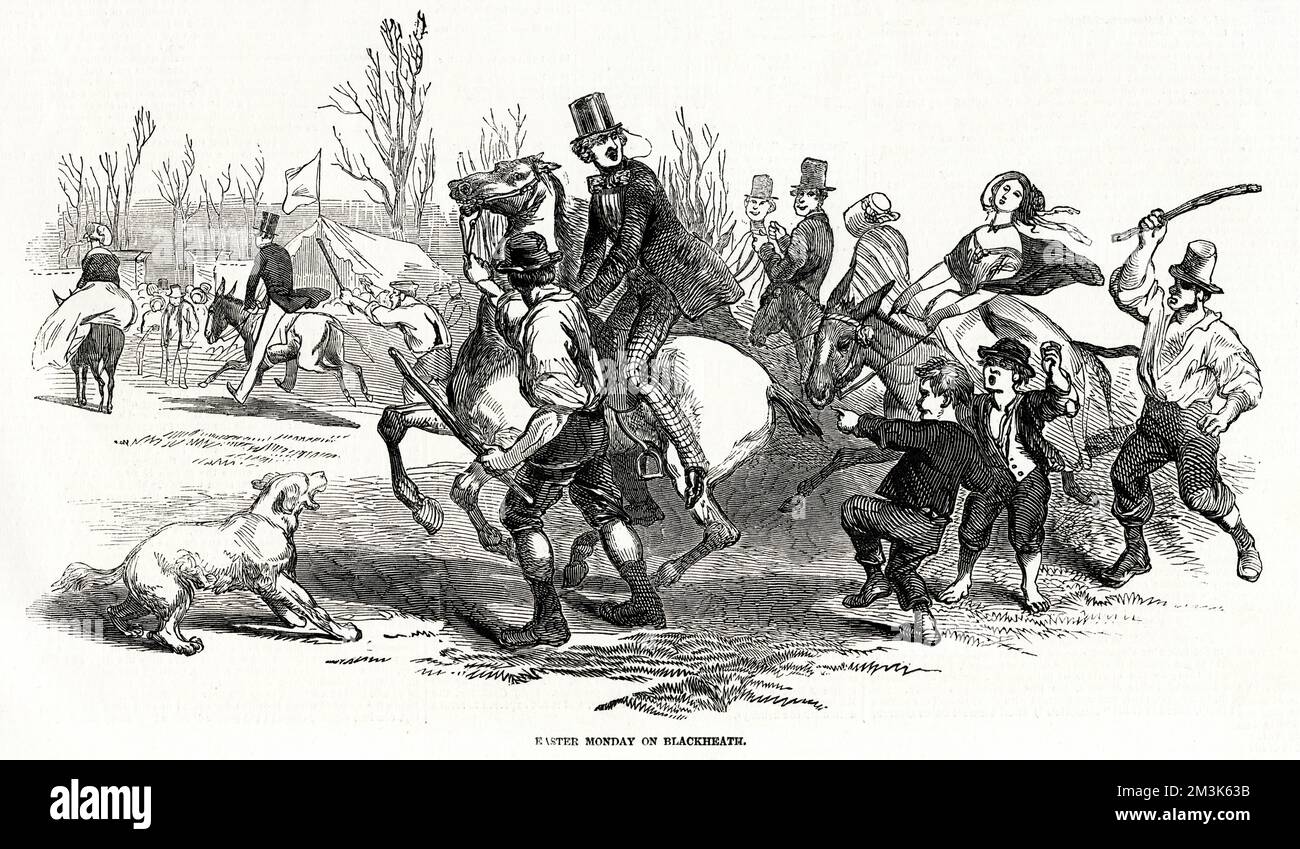 Gruppe, die am Ostermontag 1847 einen Eselritt auf Blackheath, London, unternimmt. An diesem Tag fand ein Jahrmarkt mit Eseln, Wahrsagern und anderen Attraktionen auf der Heide statt. Datum: 1847 Stockfoto