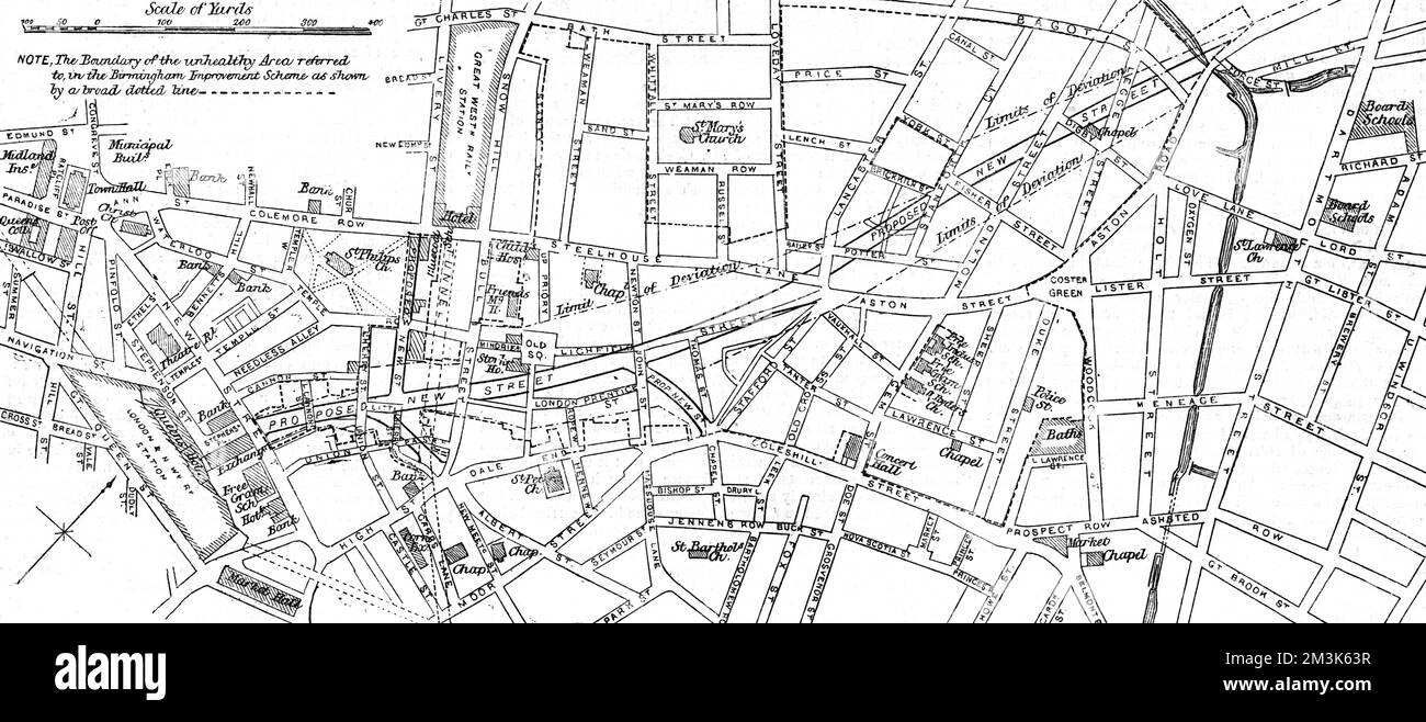 Skizzieren Sie die Karte einer Ortschaft um die Stafford Street in Birmingham, durch die die vorgeschlagene neue Straße verläuft. Die Grenze des im Birmingham Improvement Scheme genannten ungesunden Gebiets, die durch eine breite gestrichelte Linie dargestellt wird. 16. Dezember 1876 Stockfoto
