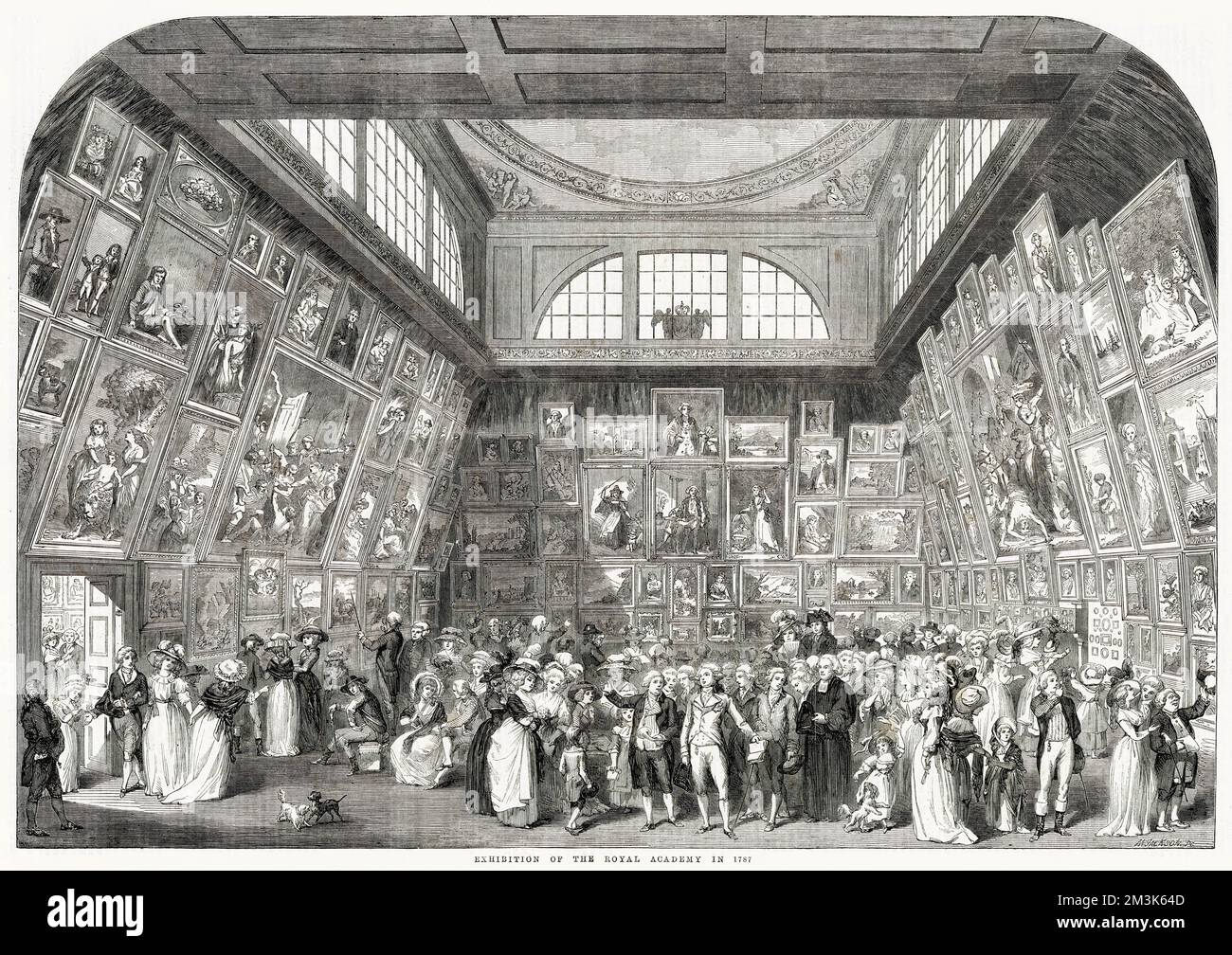 Eine der Hauptgalerien für die Royal Academy Exhibition von 1787 in London. Dieses Bild zeigt eine große Menschenmenge, die die Gemälde bewundert, die fast jeden Zentimeter der Wände bedecken. Stockfoto