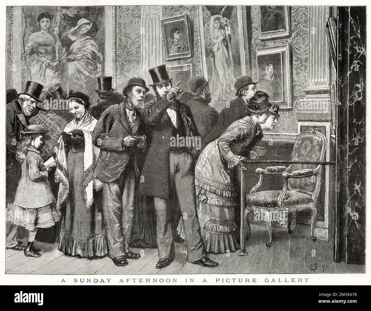 Eine Gruppe viktorianischer Briten bewundert die Gemälde in einer Kunstgalerie, 1879. Die Gravur trug ursprünglich den Titel „Sonntagnachmittag in einer Bildergalerie“ und wurde „vom Leben ertränkt“. Stockfoto