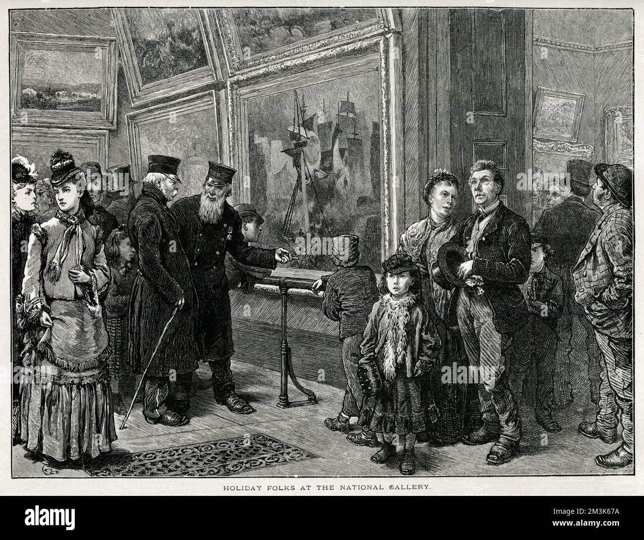 Die Gravur zeigt eine Reihe von Besuchern, die während der Sommerferien 1872 die Gemälde der National Gallery in London sehen. Auf der linken Seite diskutieren zwei "Chelsea-Rentner" die Vorzüge eines maritimen Gemäldes. Datum: 1872 Stockfoto
