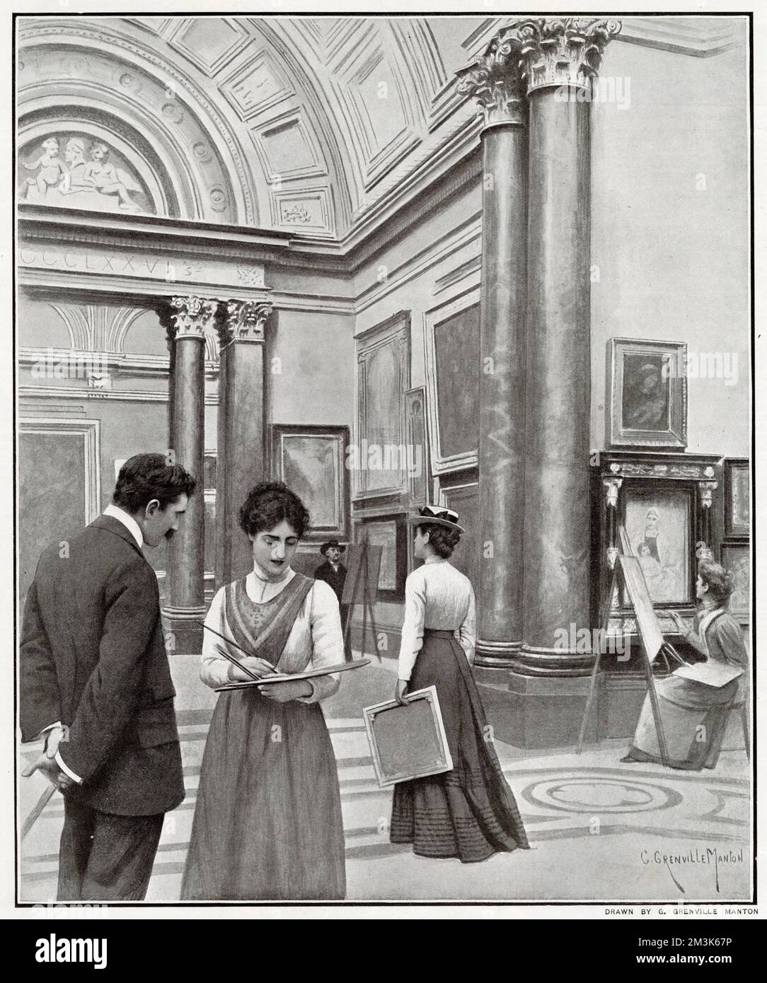 Kunststudenten, die Gemälde kopieren, in der National Gallery, London, 1902. Die Schüler werden mit Leinwänden, Bürsten und Staffeln gezeigt. Stockfoto