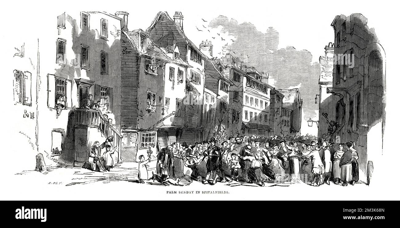 Palmsonntagsprozession in Spitalfields, London, 1844. An Palm Sundays gingen die Mitglieder des Weberei-Gewerbes (damals florierten sie in Spitalfields) zu den Essex Fields hinaus, sammelten Palmen (oder ähnliches) und flogen zurück nach London. Datum: 1844 Stockfoto