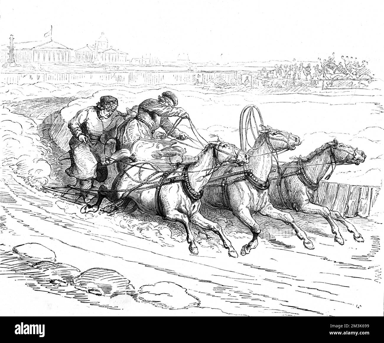 Pferdeschlittenrennen in St. Petersburgh, Russland. Zwei Männer, die mit dem Schlitten um eine enge Ecke fuhren. Datum: 1877 Stockfoto