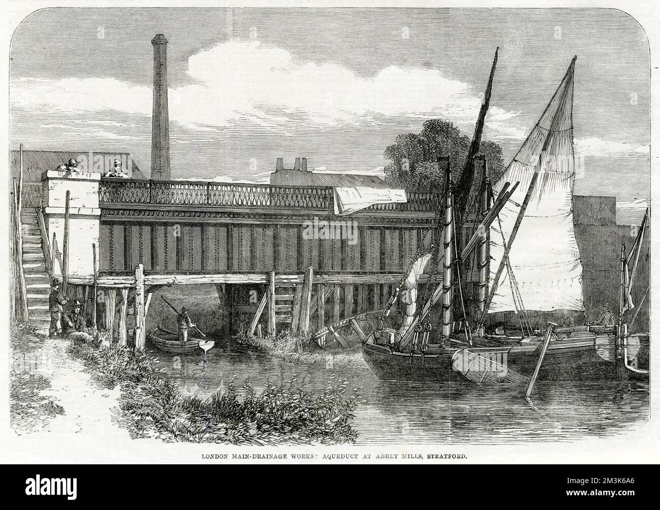 Aquädukt, das die Hauptentwässerungswerke über dem Fluss Lea in Abbey Mills, Stratford, London, trug. Im Vordergrund nähert sich ein Segelschiff dem Aquädukt. 1864 Stockfoto