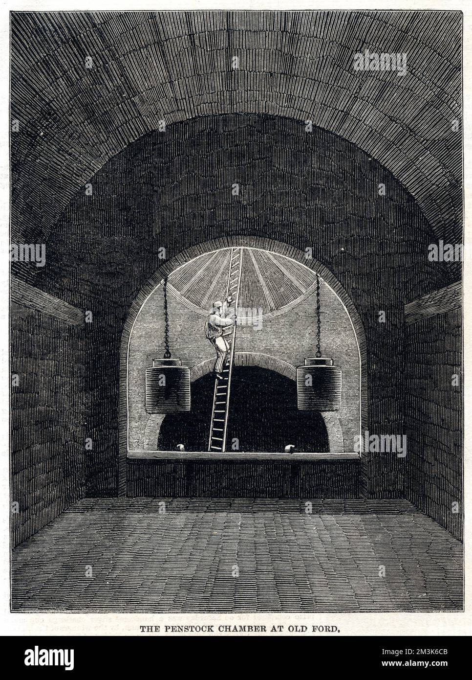 Das Innere der Penstock-Kammer in der Kanalisation von Old Ford, London, 1861. Penstock-Kammern haben in der Regel große, bewegliche wasserdichte Türen und werden zur Steuerung des Materialflusses in Abflüssen und Abwasserkanälen verwendet. Datum: 1861 Stockfoto