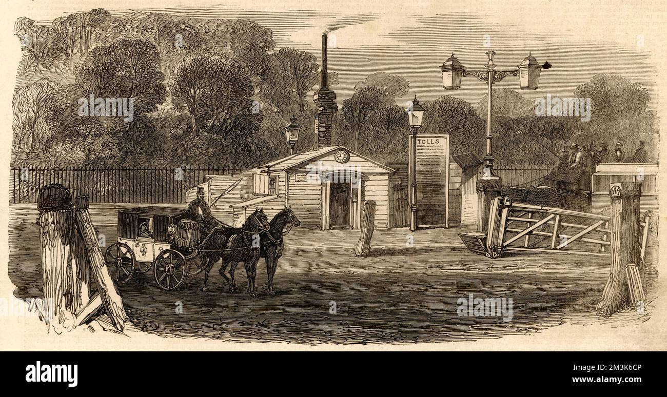 Kensington Turnpike Mauttor in London nach vielen Jahren Wahlkampf durch Londoner wurden Anfang der 1860er Jahre zahlreiche Mautttore von den Straßen der Stadt entfernt. 1864 Stockfoto