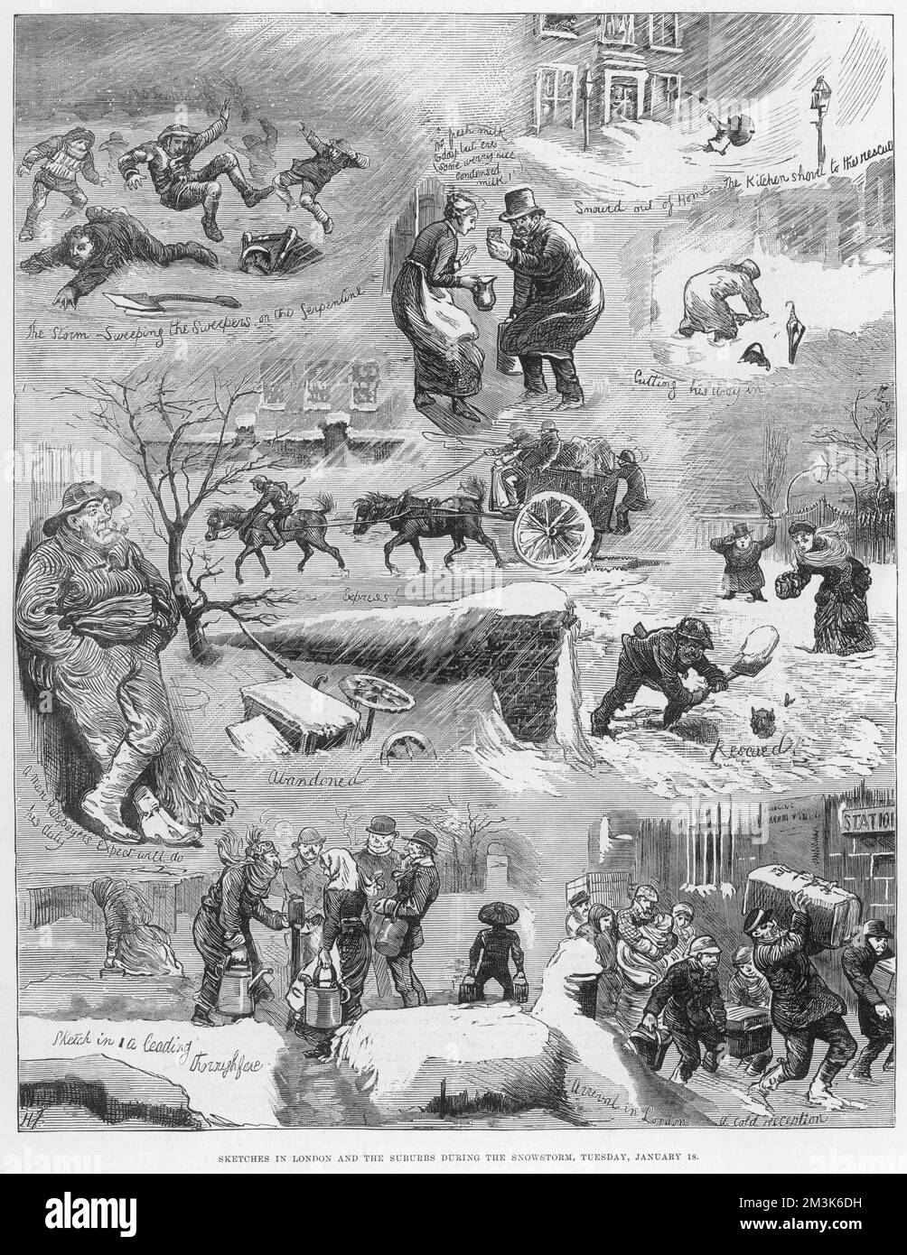 Eine Reihe von Szenen in London während eines ungewöhnlich starken Schneesturms in der Stadt am 18.. Januar 1881. 18.. Januar 1881 Stockfoto
