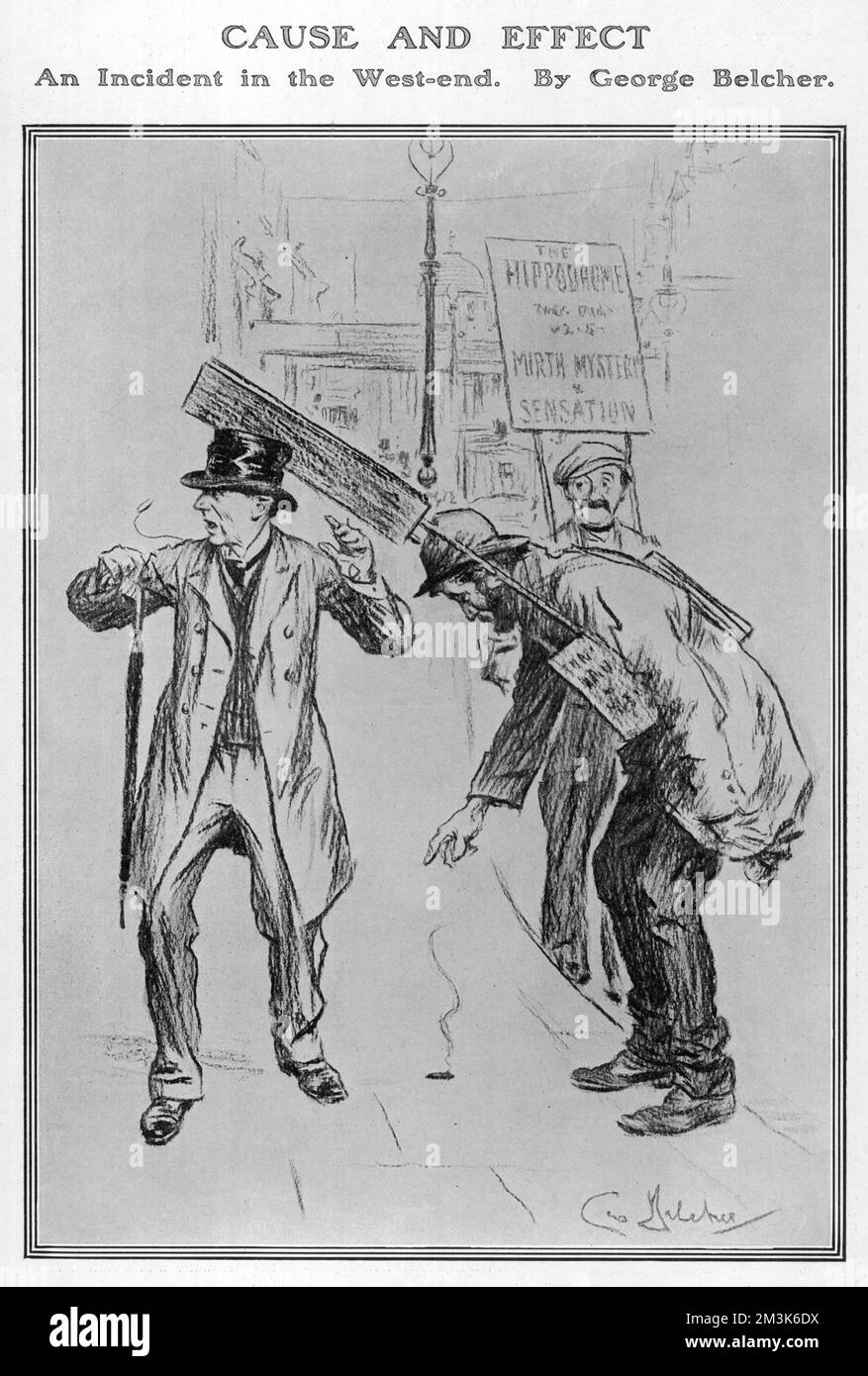 Zeichentrickfilm mit dem Titel "Ursache und Wirkung", mit einer Straßenszene in London, 1908. Nachdem er das Ende seiner Zigarre fallen ließ, erhält ein edler Gentleman einen Schlag auf den Kopf von einem Sandwichmann, der sich bückt, um den Rauch zu holen. 1908 Stockfoto
