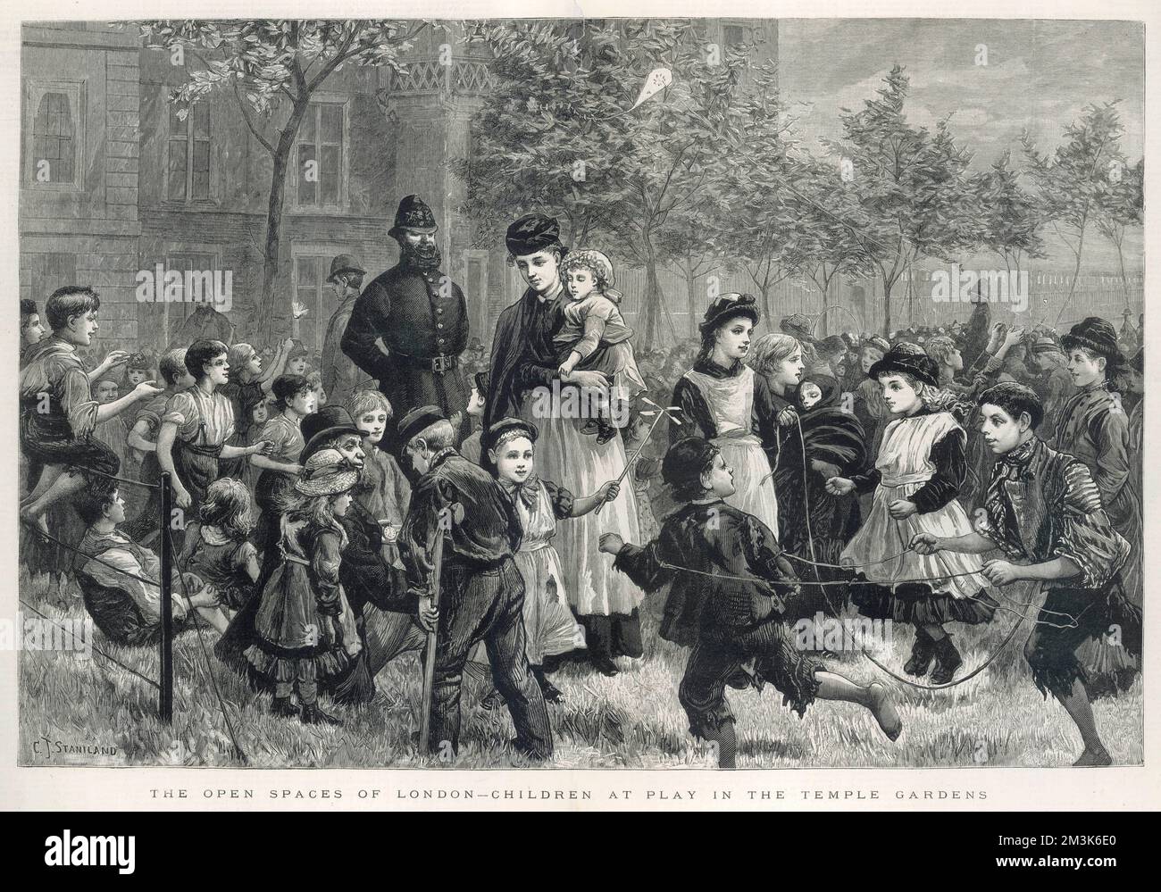 Kinder spielen in Temple Gardens, London 1883 Stockfoto