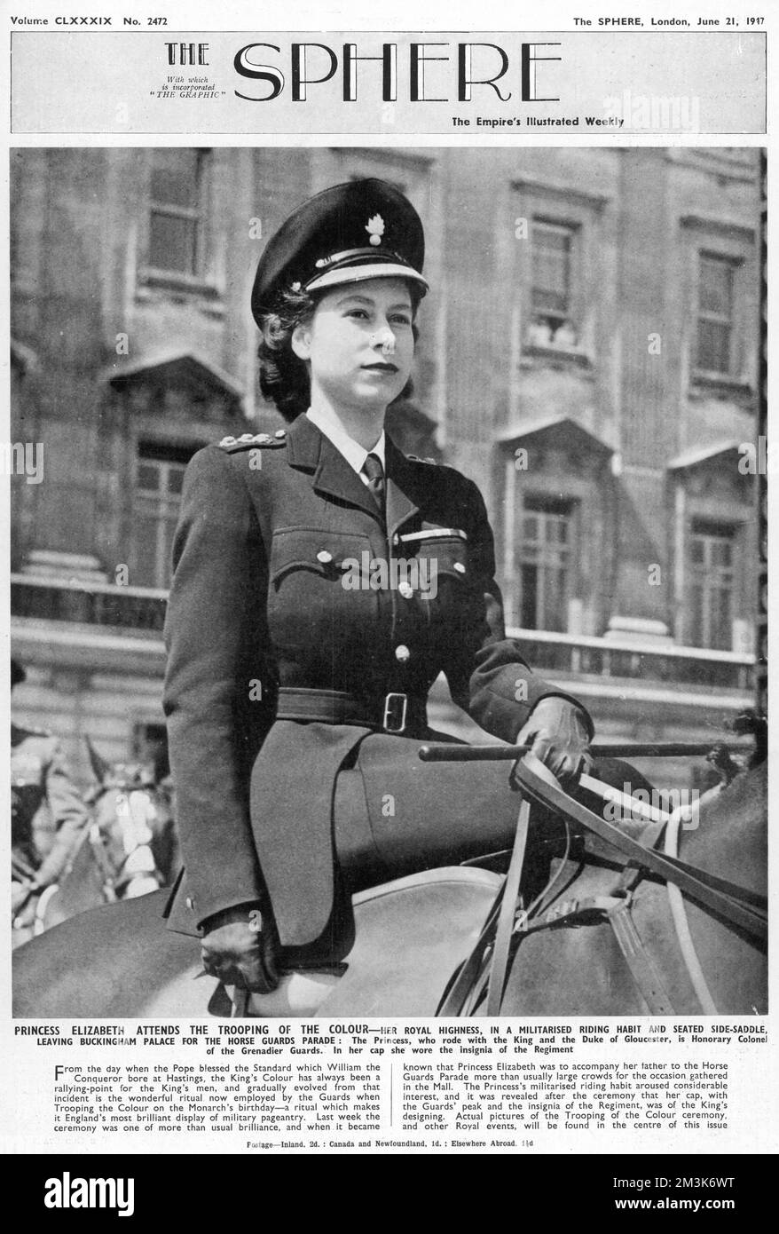 Titelbild aus der Sphäre von Prinzessin Elisabeth, die die Trooping der Farben besucht. Datum: 1947 Stockfoto