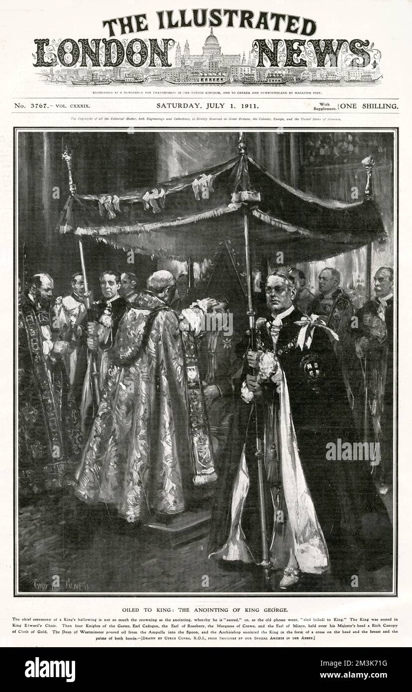George V., der im Stuhl König Edwards sitzt, vier Ritter von Garter, Earl Cadogan, Graf von Rosebery, Marquess von Crewe und Graf von Mintoin, ihre Gartermäntel, hielten über seinem Majestät Kopf ein reiches Baldachin aus Gold. Datum: 22. Juni 1911 Stockfoto