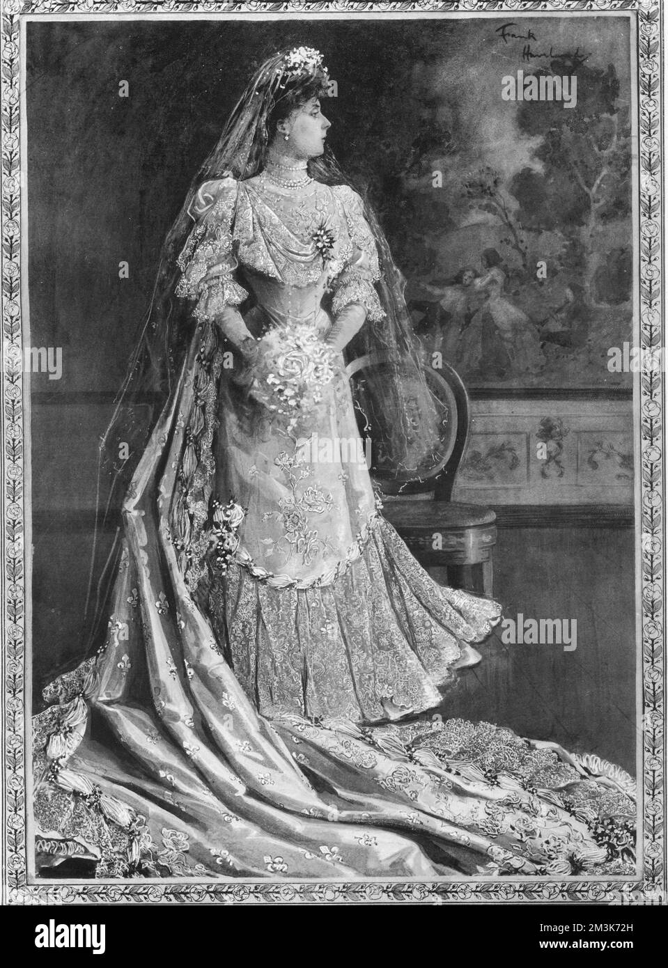 Königin von Spanien in ihrem Hochzeitskleid. Nach spanischem Brauch war das Kleid ein Geschenk ihres Mannes und es dauerte 56 Tage, bis vierzig spanische Frauen fertig waren. Er bestand aus weißem und silbernem Satin, besetzt mit Rosenspitze, mit einer 1,5 cm langen Spitze und Orangenblüten. Die ehemalige Prinzessin Ena von Battenberg (1887-1969) war die Tochter von Prinzessin Beatrice und Prinz Heinrich von Battenberg und verbrachte ihre Kindheit in den Häusern ihrer Großmutter Queen Victoria. Sie heiratete König Alfonso XIII. Im Mai 1906, nachdem sie zum Katholizismus konvertiert war. Das Paar entkam knapp einem dramatischen Attentat Stockfoto