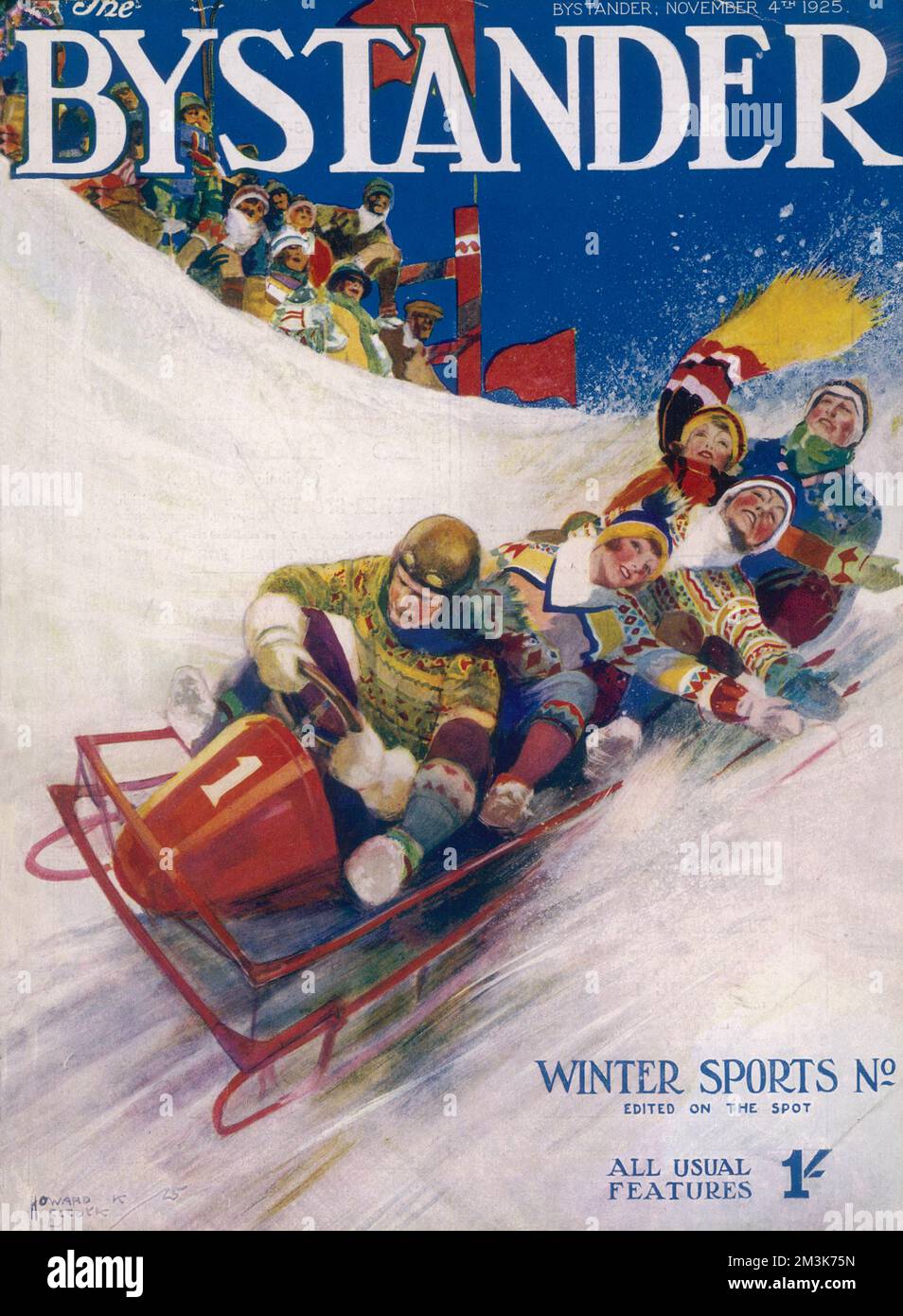 Eine Gruppe winterlustiger Gäste, die eine Rodelbahn oder eine Schlittenfahrt genießen. Datum: 1925 Stockfoto