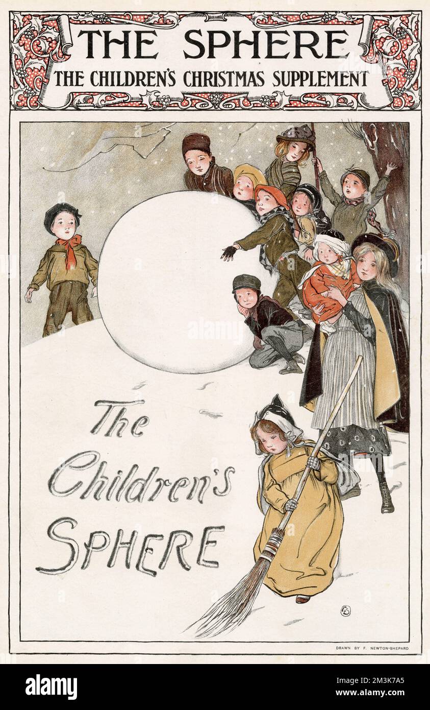 Eine Abbildung auf der Vorderseite, die eine Gruppe von Kindern zeigt, die im Schnee spielen. Stockfoto