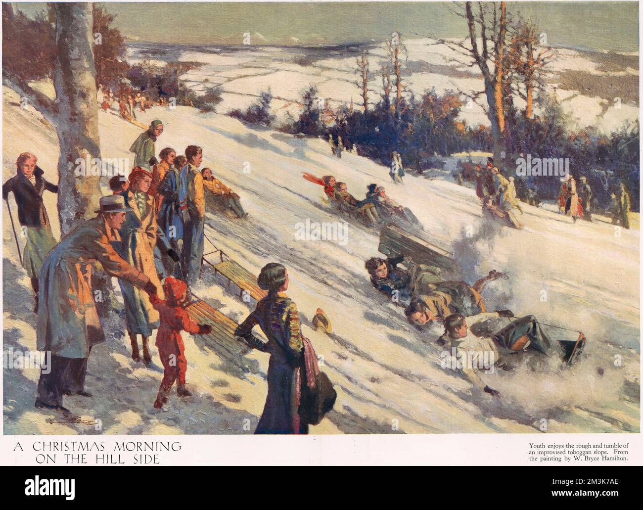 Eine Farbdarstellung eines rasanten Schlittenrennen an einem Wintermorgen. Datum: 01/12/1935 Stockfoto