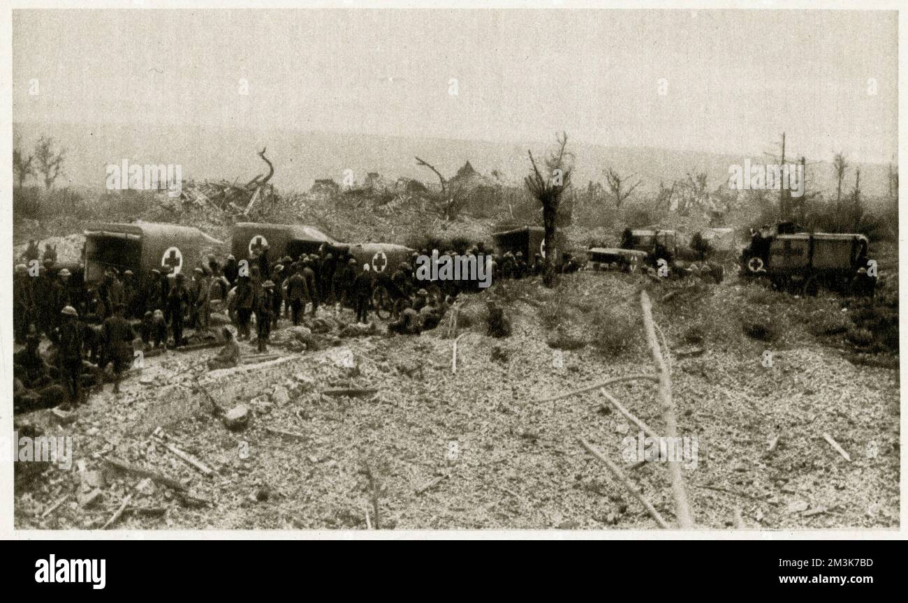 Ein Foto, auf dem das R.A.M.C bei der Arbeit an der Westfront zu sehen ist. Die Ambulanzwagen des Roten Kreuzes sind umgeben von Schutt und beschädigter Vegetation, verursacht durch die Schlacht. 1916 Stockfoto
