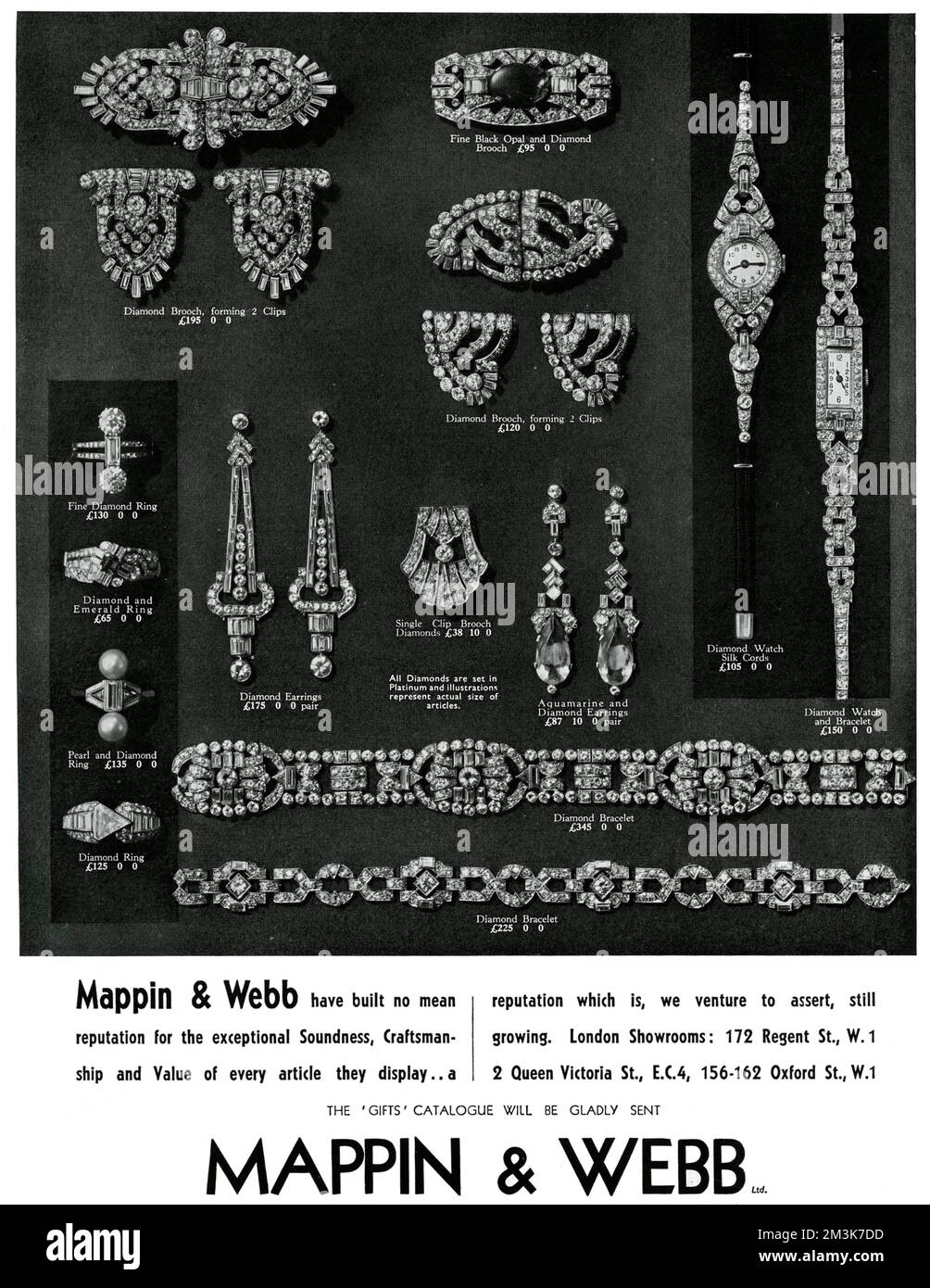 Feiner Schmuck von Mappin &amp; Webb, mit Diamantringen, Broschen, Armbanduhren und Ohrringen. 1936 Stockfoto