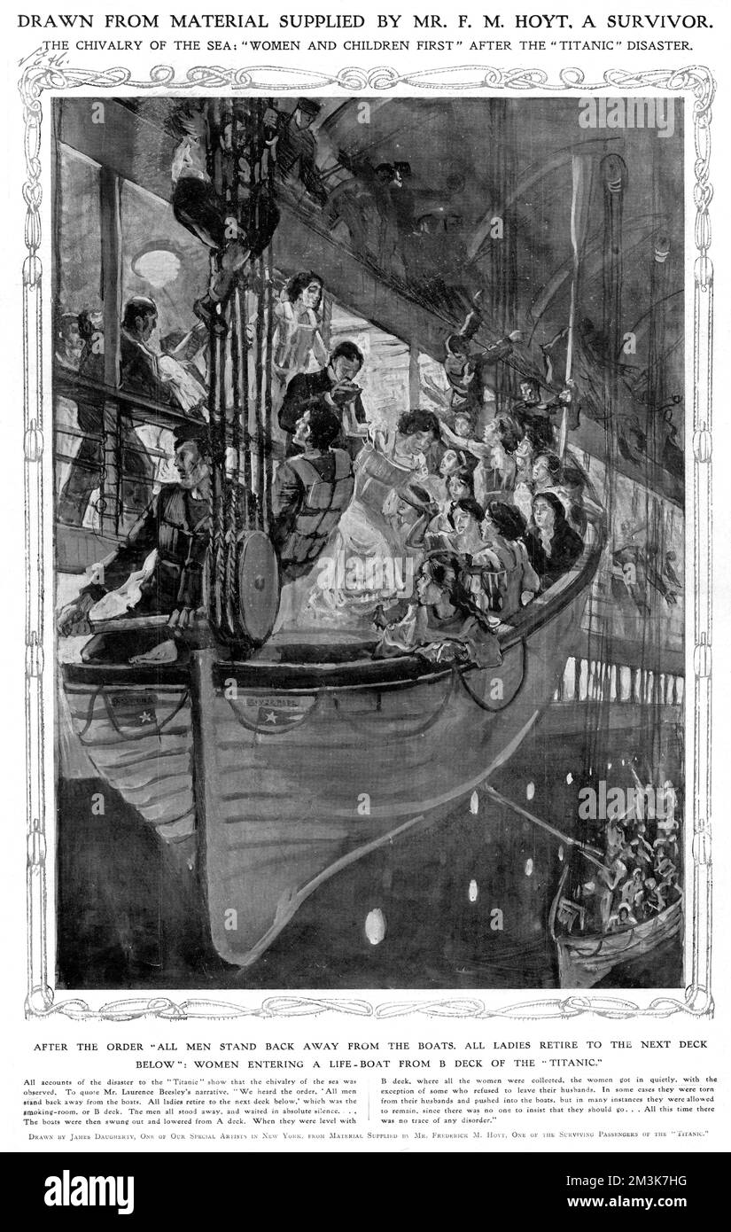 Eine Abbildung, die zeigt, wie Frauen vom B-Deck der Titanic in die Rettungsboote steigen. Datum: 4.. Mai 1912 Stockfoto