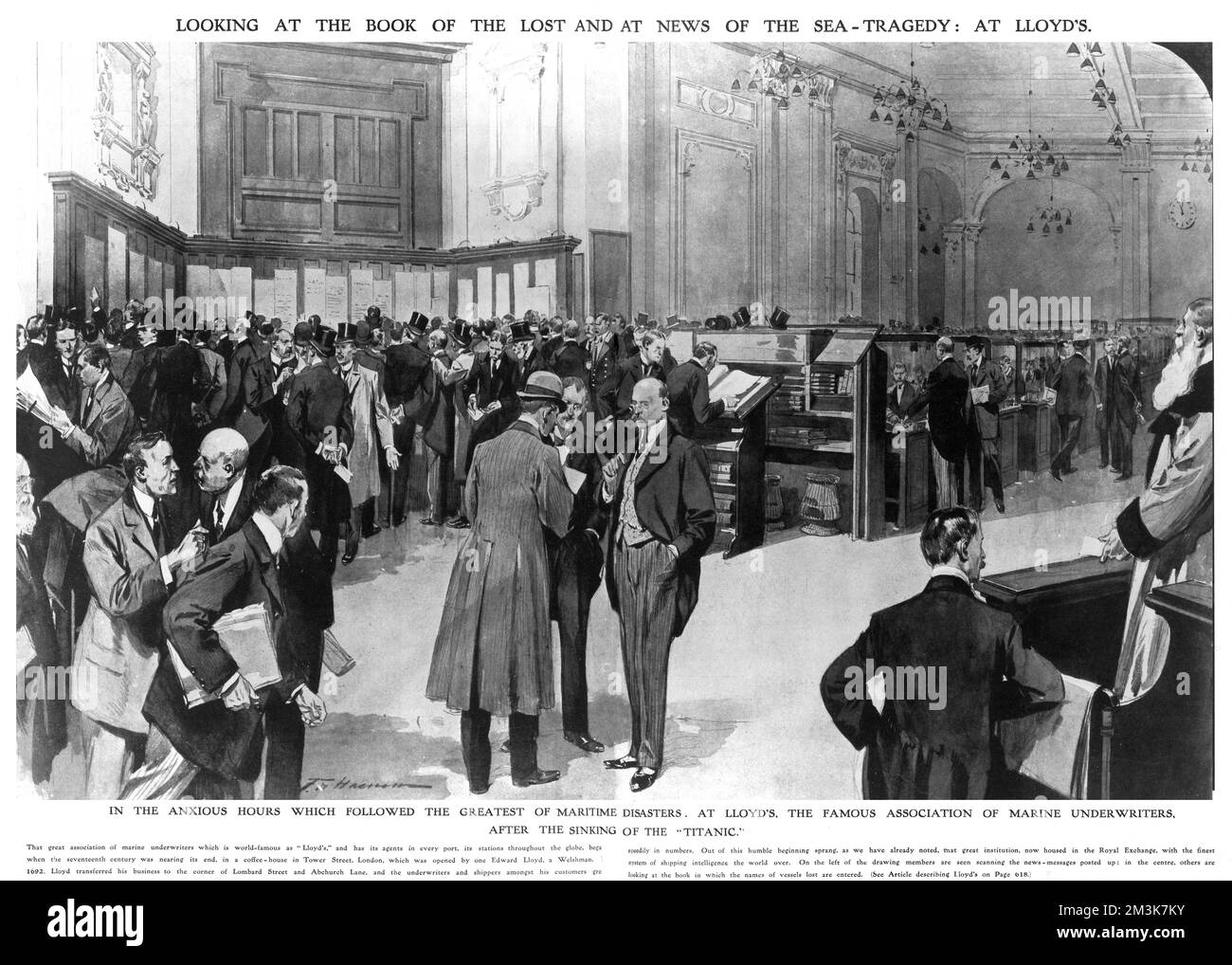 "In den unruhigen Stunden, die auf die größten Schiffskatastrophen folgten: Bei Lloyd's, der berühmten Vereinigung der Marine Underwriters. Nach dem Untergang der Titanic. Datum: 27.. April 1912 Stockfoto