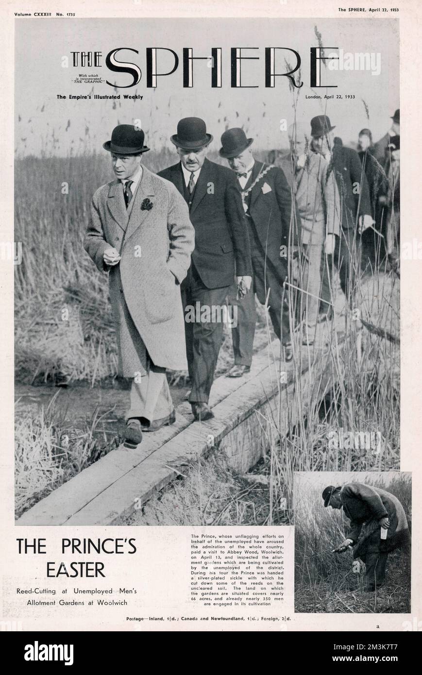 Frontabdeckung von The Sphere, April 1933, zeigt Edward, Prince of Wales, später König Edward VIII und Herzog von Windsor (1894-1972), die die Zuteilungsgärten der Arbeitslosen in Woolwich inspizieren. Datum: 22.. April 1933 Stockfoto