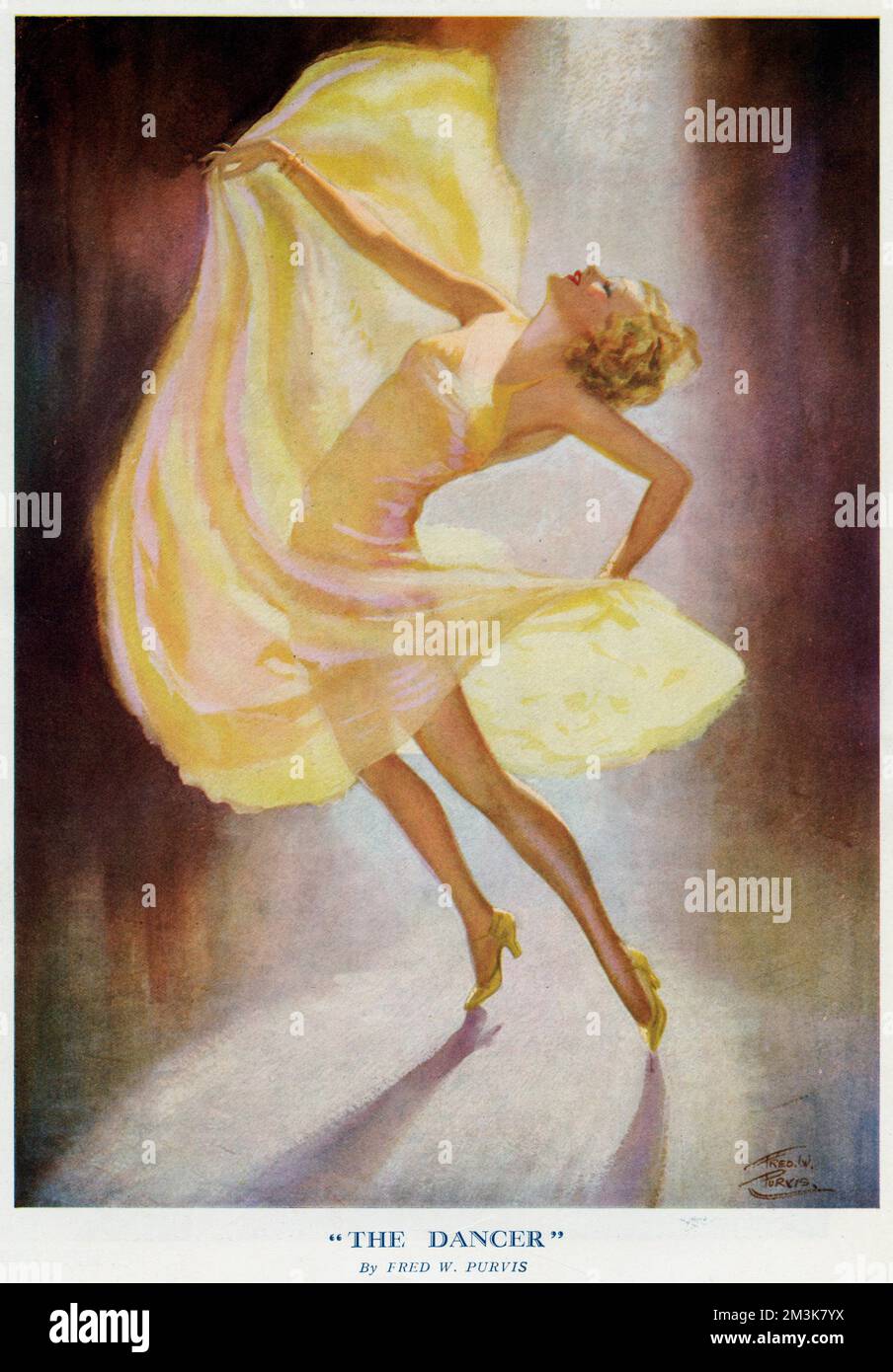 Eine elegante Einzeltänzerin in einem diaphanischen gelben Kleid. 1935 Stockfoto