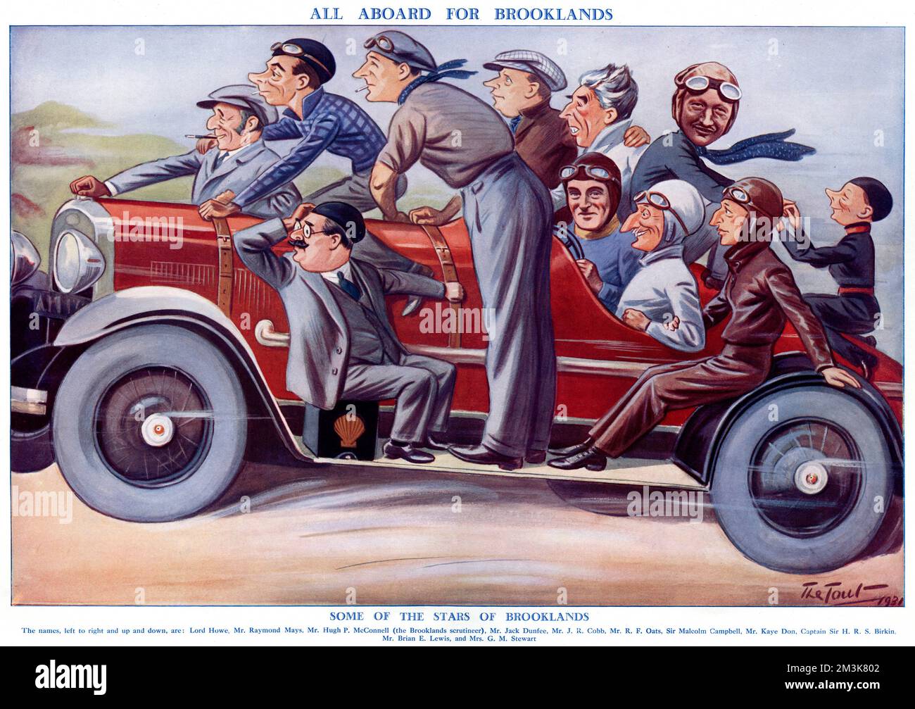 Humorvolle Farbdarstellung der Tout mit Karikaturen verschiedener Persönlichkeiten aus der Autowelt im Jahr 1931. Von links: Lord Howe, Mr. Raymond Mays, Mr. Hugh P. McConnell (der Prüfer in Brooklands), Mr. Jack Dunfee, Mr. J. R. Cobb, M. R. F. Oats, Sir Malcolm Campbell, Mr. Kaye Don, Captain Sir H. R. S. Birkin, Mr. Brian Lewis und Mrs. G. M. Stewart. Datum: 1931 Stockfoto