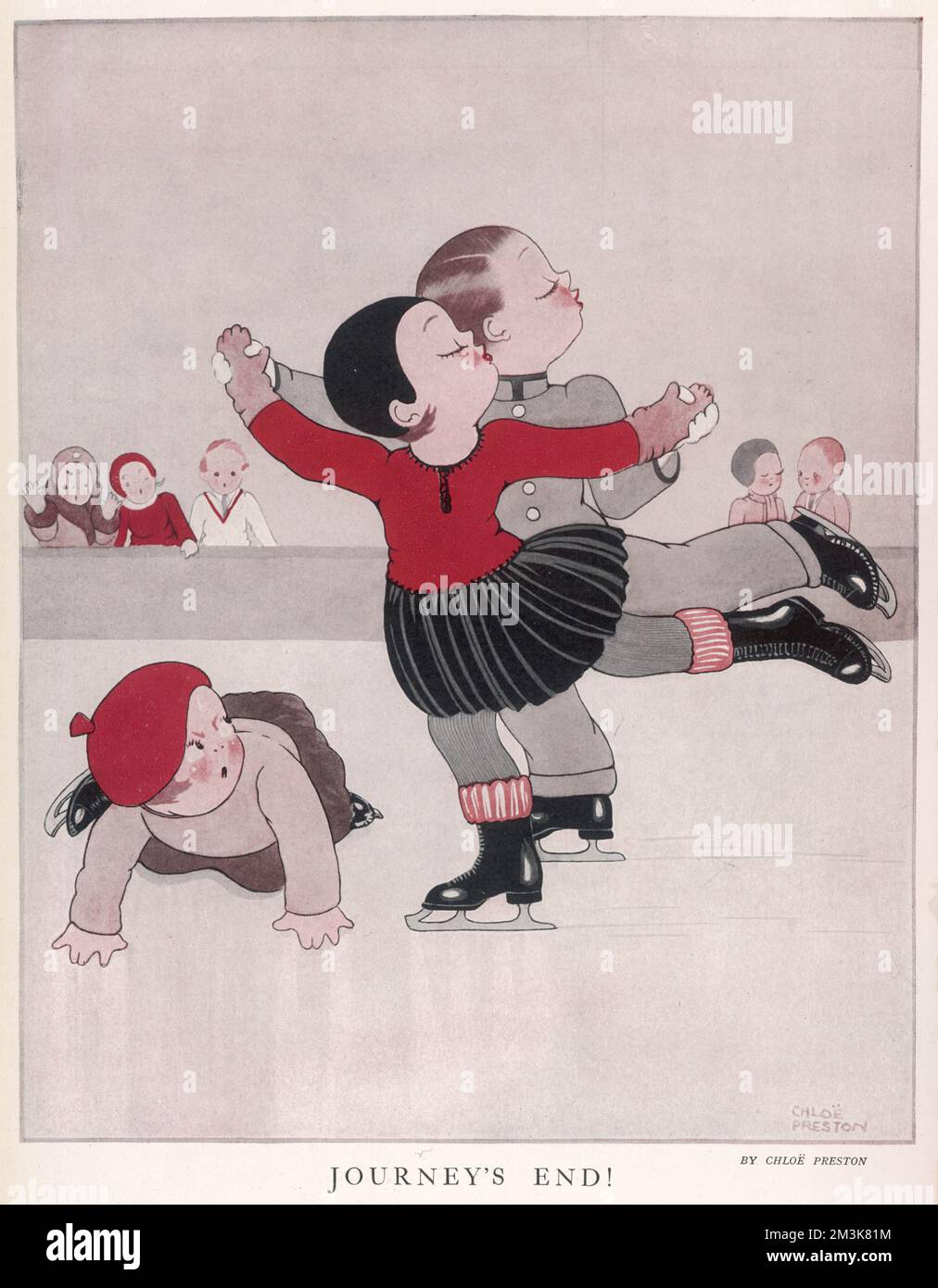 Ein Paar tanzt auf Eis, ohne sich der Gefahr vor ihnen bewusst zu sein 1930 Stockfoto