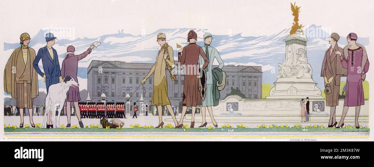 Eine Gruppe elegant gekleideter Damen vor dem Buckingham Palace in London 1926 Stockfoto