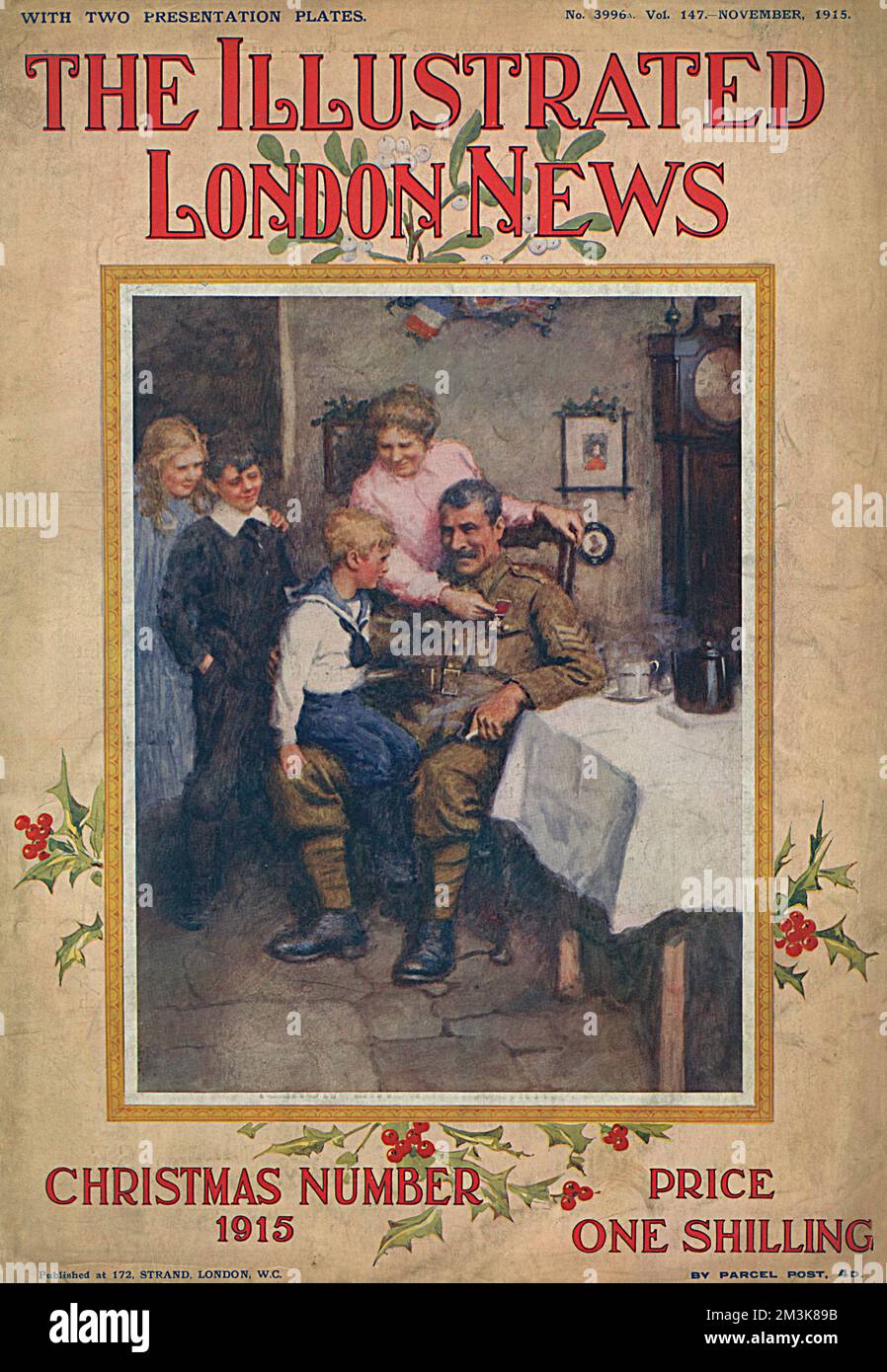 Titelseite für die Weihnachtsnummer 1915 des ILN, in der ein Soldat aus dem 1. Weltkrieg und ein Gewinner des Victoria Cross zu Hause von der Front aus dargestellt wird, während er die Bewunderung seiner Kinder genießt. Weihnachten Nummer 1915 Stockfoto