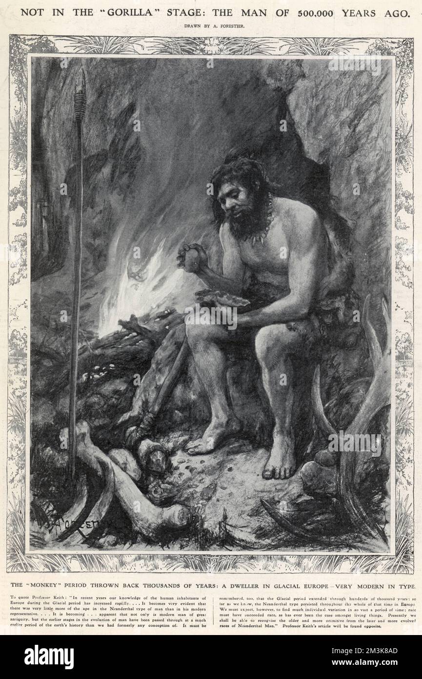 Eine Illustration eines Neandertalers vor 500.000 Jahren, basierend auf einem Skelett, das 1908 in La Chapelle-aux-Saints gefunden wurde. Seither wurde bewiesen, dass der Mensch „keinesfalls auf der Gorilla-Bühne“ war und vor 500.000 Jahren sehr modern war. Stockfoto