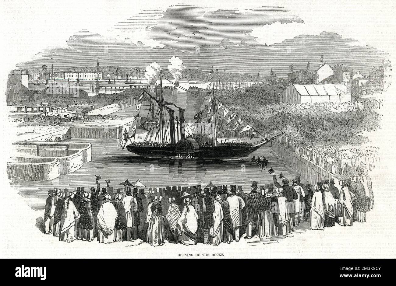 Die Docks wurden am 5.. April 1847 eröffnet, und zahlreiche Besucher kamen, um sich die Veranstaltung anzusehen. Die Dampfschiffe sind den ganzen Tag über von Birkenhead nach Liverpool und wieder zurück gereist und haben Tausende von ihnen getragen. Die Fahrt kostete 2D Dollar pro Kopf. Datum: 1847 Stockfoto