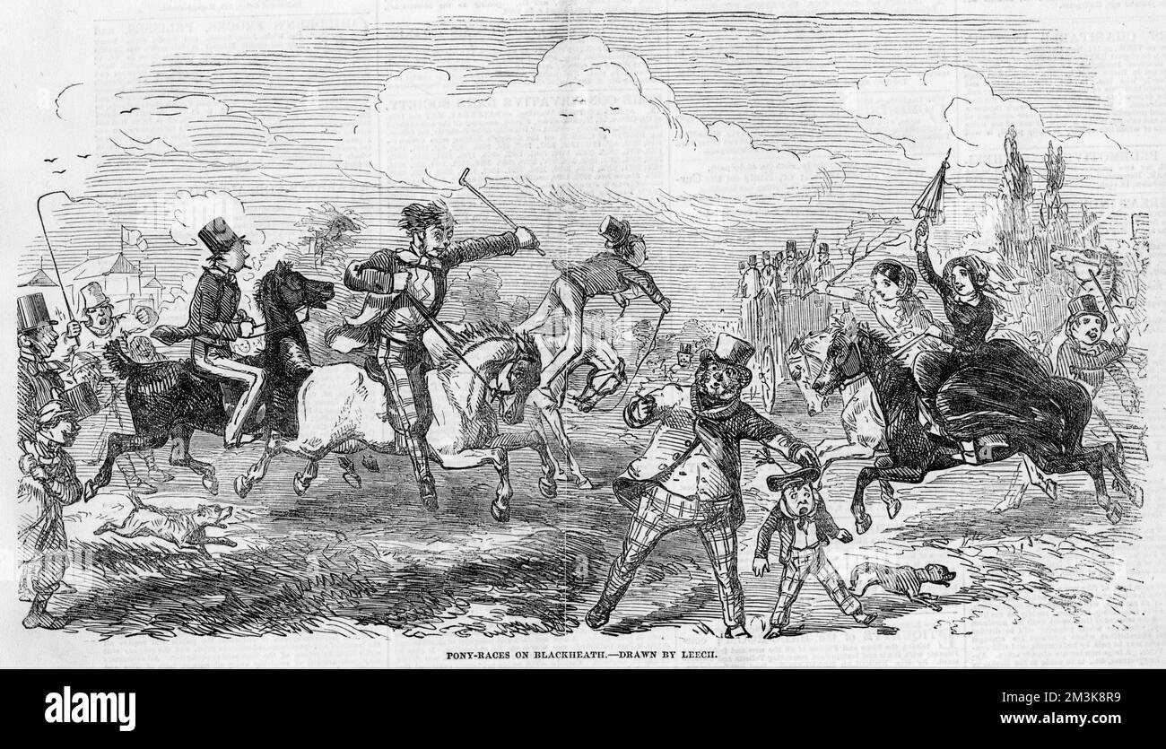Ponyrennen auf der Heath. Von Pferdesport wird heute abgeraten, aber man kann gelegentlich berittene Polizisten sehen oder ruhig auf einem Esel reiten. Datum: 1853 Stockfoto