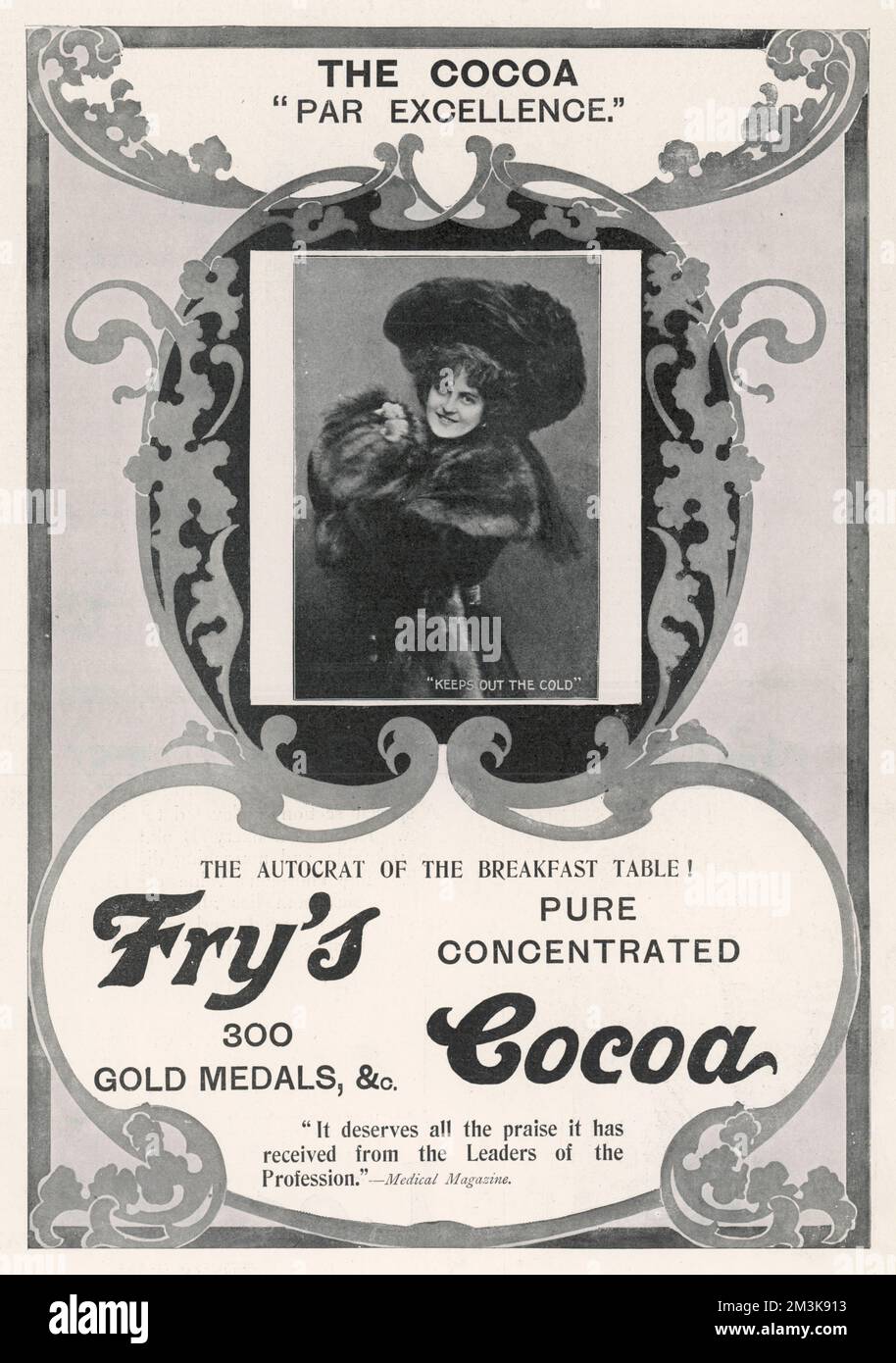 Werbung für Fry's Cocoa, „der Autokrat des Frühstückstisches“, unterstützt von der beliebten Schauspielerin und Musikerin Marie Studholme, die darauf hinweist, dass es „die Kälte draußen hält“. Datum: 1904 Stockfoto