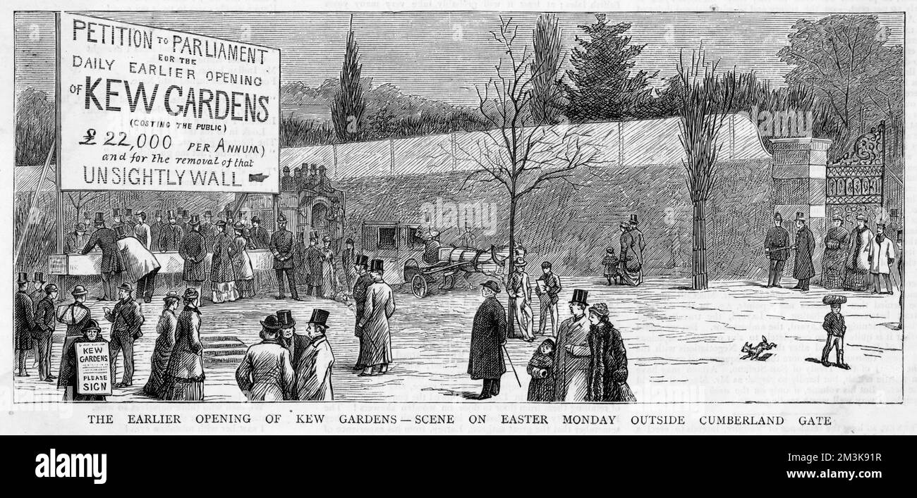 Aufregung zur früheren Eröffnung der Kew Gardens - Demonstration am Cumberland Gate. 1878 Stockfoto