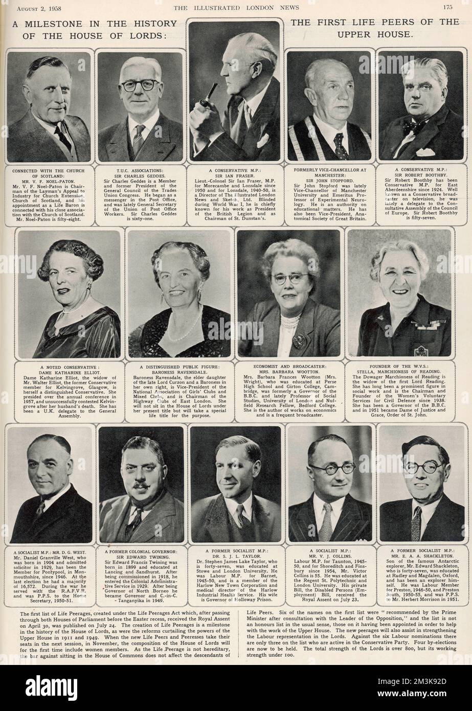 Eine Seite des ILN, die Porträts der ersten Lebensgefährten gewidmet ist, die 1958 geschaffen wurden, darunter Baronin Ravondale, Sir Ian Fraser, Sir Robert Boothby und Sir Edward Twining Datum: 1958 Stockfoto