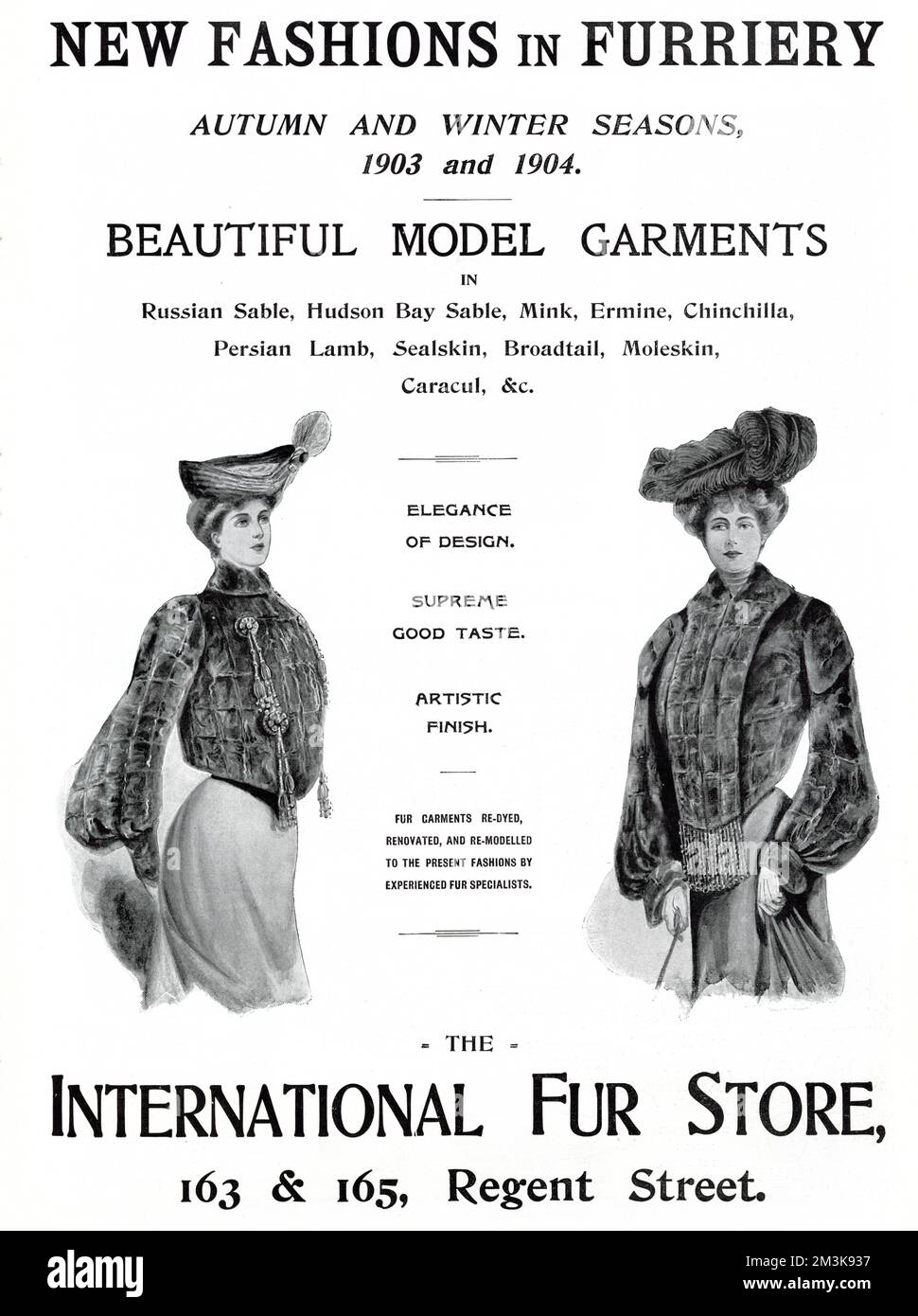 Zwei Frauen, die im Herbst und Winter modische, neu gefärbte Pelzjacken tragen. Datum: 1903 Stockfoto