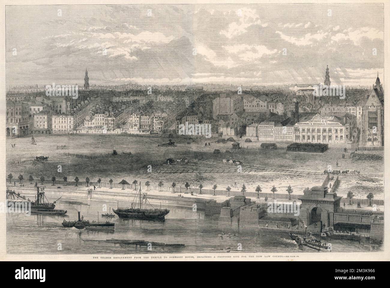 Blick auf die Themse vom Tempel bis zum Somerset-Haus, einschließlich des vorgeschlagenen Standorts für die neuen Gerichte im Jahr 1869. Datum: 1869 Stockfoto