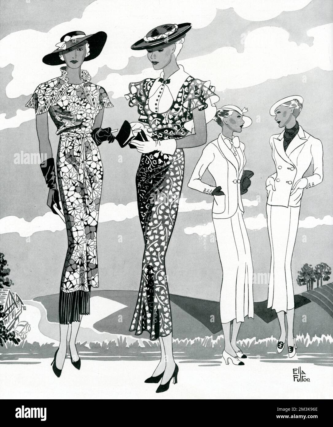 Zwei Frauen tragen geblümte Leinenkleider, eine mit einem Unterrock mit Messerplisseedetail aus schwarzem marocain, abnehmbarem Umhang auf den Schultern, eine Frau rechts trägt bedruckte Sandkrempe mit Epaulette-Ärmeln. 1934 Stockfoto