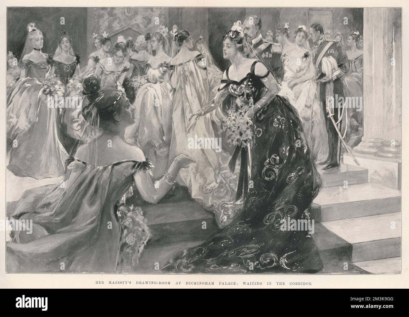 Debütantinnen und Damen warten im Korridor des Buckingham Palace, um vor Gericht in einem der Salons von Queen Victoria präsentiert zu werden. 1899 Stockfoto