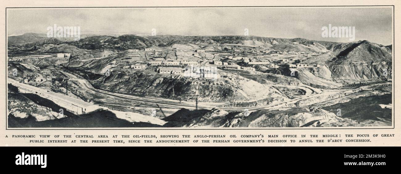 Ein Panoramablick auf das zentrale Gebiet der Ölfelder in Persien (moderner Iran) mit den Büros der anglopersischen Ölgesellschaft. Datum: 10. Dezember 1932 Stockfoto