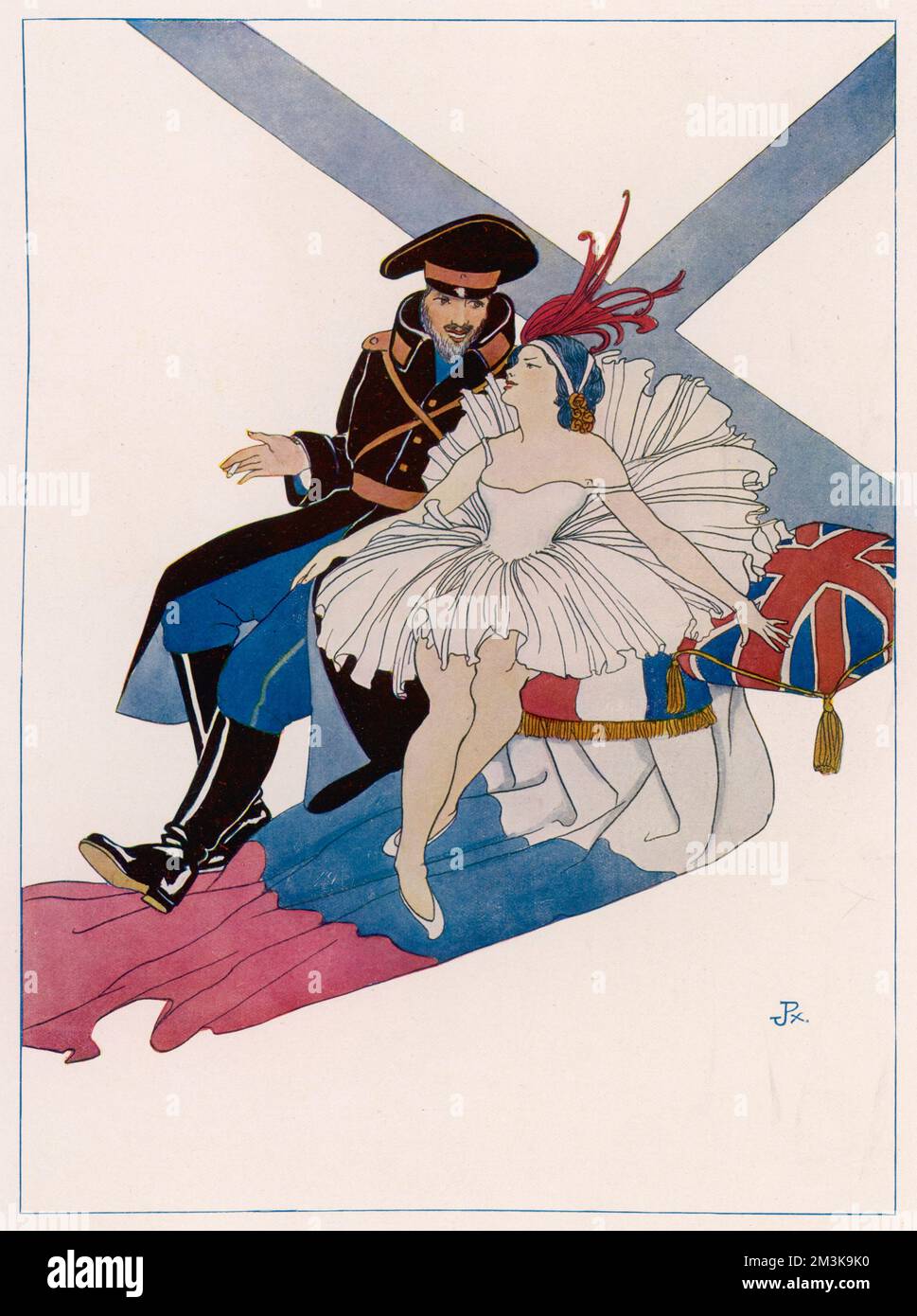 Ein bärtiger russischer Soldat, der einen schweren Mantel und glänzende Stiefel trägt, unterhält sich mit einer anmutigen Ballerina vor dem Hintergrund der Flagge seines Landes. Datum: 1914 Stockfoto
