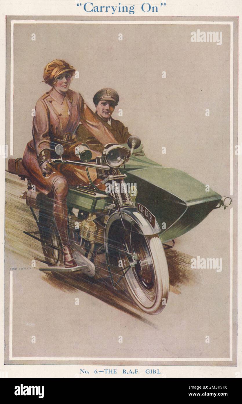 Teil einer Reihe von Illustrationen von Fred Taylor, die die verschiedenen Rollen der Frauen im Ersten Weltkrieg darstellen Hier chauffiert eine RAF- oder WRAF-Motorradfahrerin einen Offizier in ihrem Motorrad und Beiwagen. 1918 Stockfoto