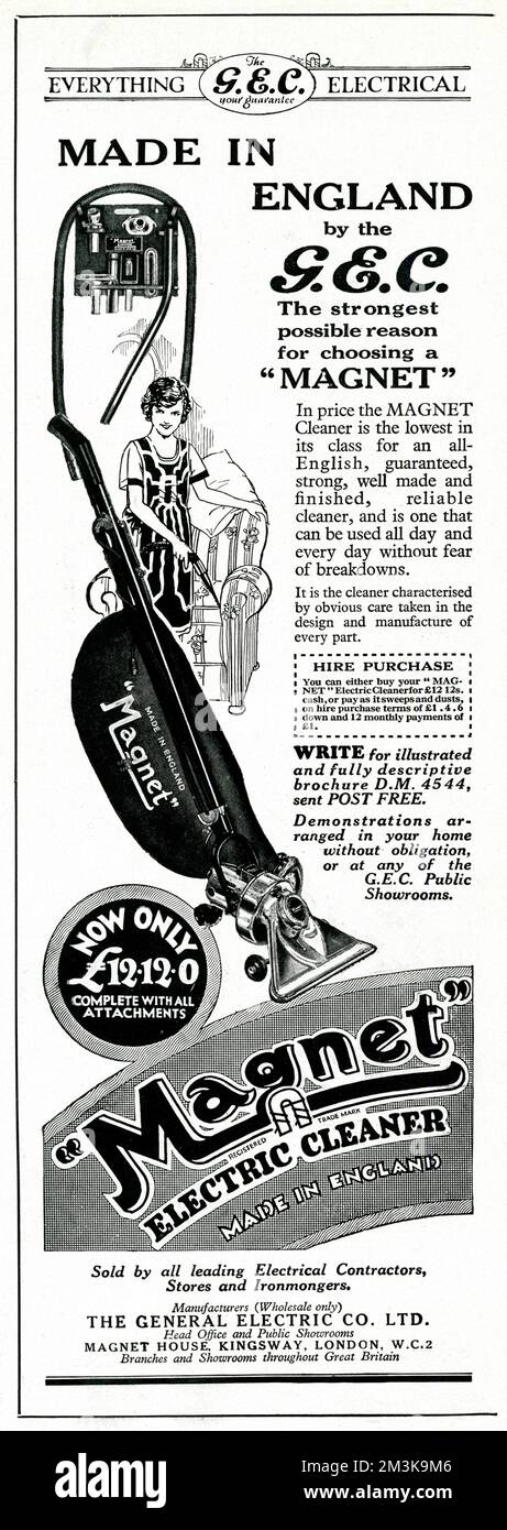 Werbung für einen Magneten, vakuumklar, englisch hergestellt, garantiert, gut gemacht und zuverlässig. Datum: 1929 Stockfoto