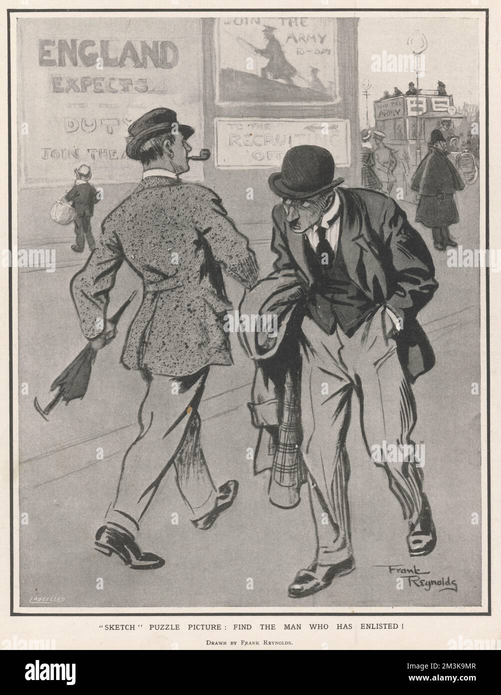 Ein Propagandist-Bild während des Ersten Weltkriegs, das den Stolz und die Zufriedenheit des Mannes, der sich verpflichtet hat, sich anzuschließen, mit der Schande eines Mannes, der es nicht getan hat, vergleicht. Ein Poster mit der Aufschrift „England erwartet“ ist im Hintergrund zu sehen. 1915 Stockfoto