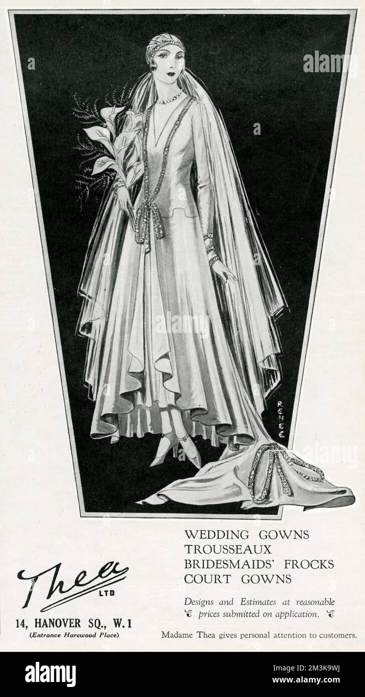 Anzeige für ein dreiviertel langes Hochzeitskleid mit großem Blumenstrauß. 1929 Stockfoto