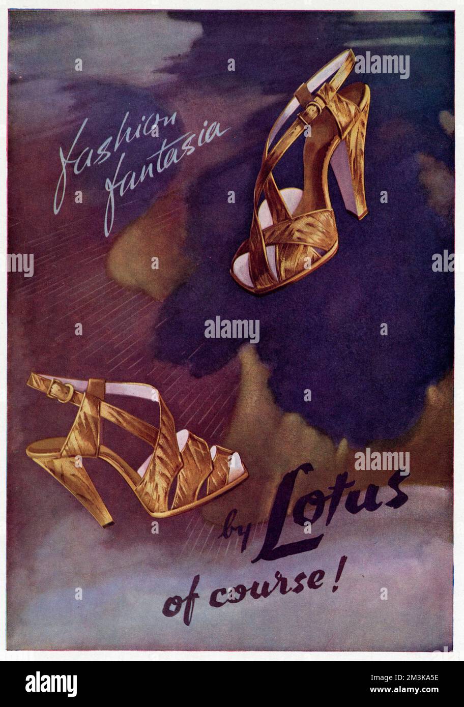 „Fashion Fantasion“. Goldener Abendschuh mit Riemen. 1947 Stockfoto