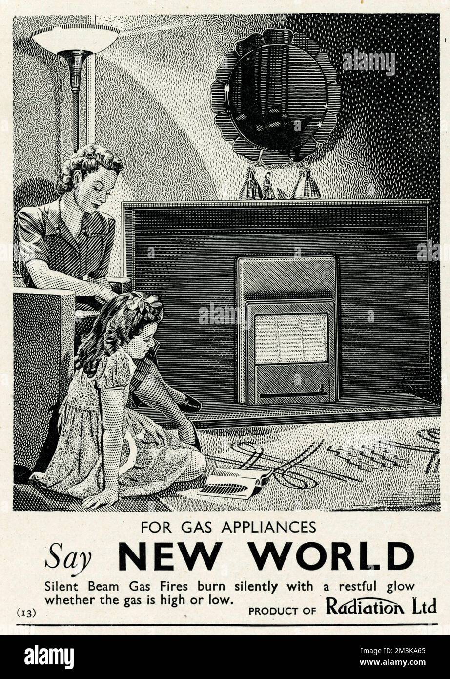 Für Gasgeräte sagen die New World Silent Beam Gasfeuer brennen leise mit einem erholsamen Leuchten, egal ob das Gas hoch oder niedrig ist. 1947 Stockfoto